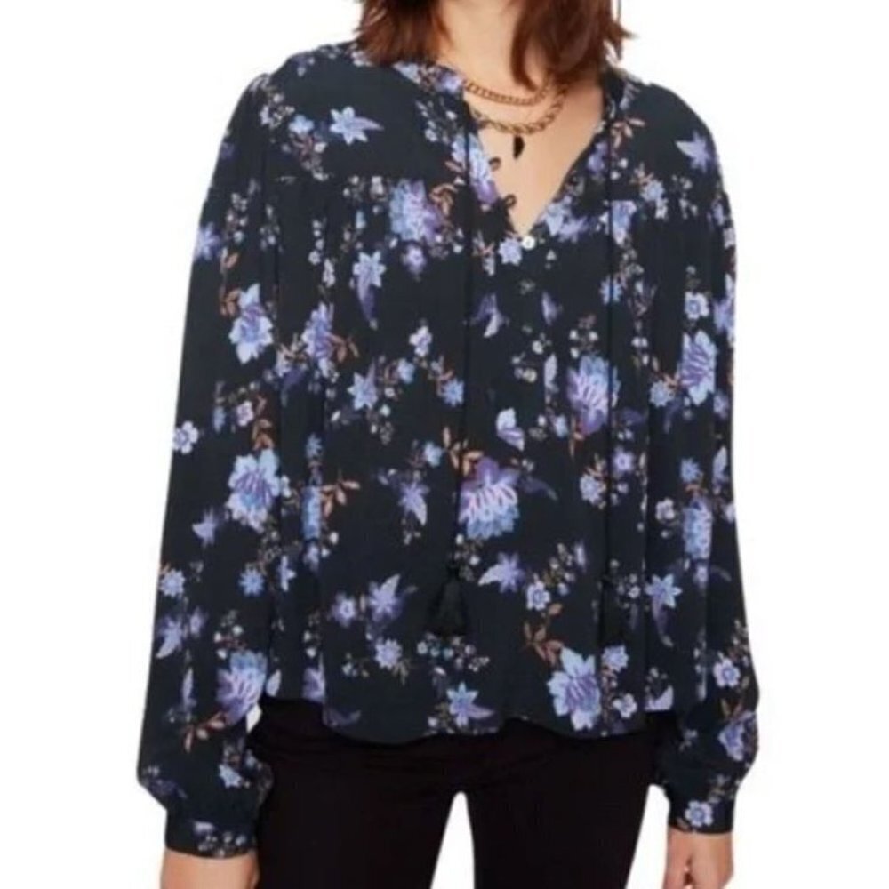 Rebecca Minkoff Maggie Blue & Black Floral Crepe Blouse Size Large Top